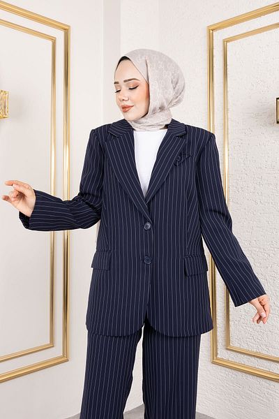 Tesettür Dünyası Striped Double Breasted Collar Suit Tsd 250152   Navy Blue