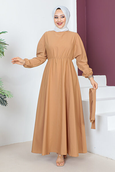 Tesettür Dünyası Long Hijab Dress with Belt on the Waist Tsd230611 Camel