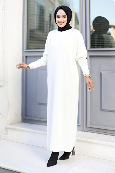Tesettür Dünyası Μακρύ φόρεμα με μανίκια Reglan TSD240725 Λευκό