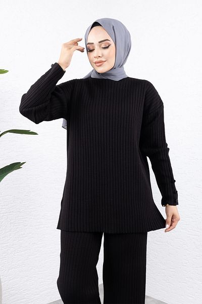 Tesettür Dünyası Black Knitwear Set - Button Detail Sleeve, Tsd 240947