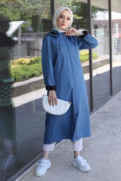Tesettür Dünyası Hooded Trench Coat Tsd220539 Blue