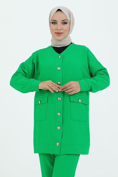 Tesettür Dünyası V-Neck Buttoned Double Suit with Pockets TSD231218 Green