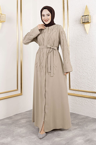 Tesettür Dünyası Beige Abaya - Hidden Zipper and Stone Detail Tsd 250112