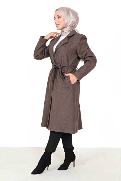 Tesettür Dünyası Double Breasted Collar Waist Belted Stash Coat TSD230806 Brown