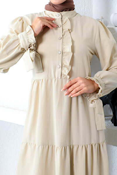 Tesettür Dünyası Hijab Long Hijab Dress with Tie on the Sleeve Tsd221207 Beige