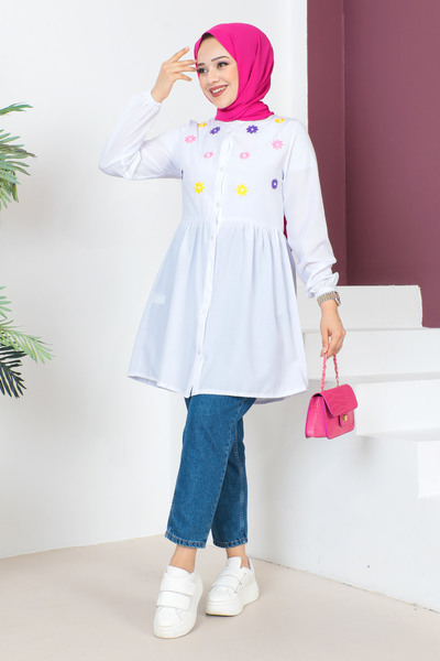 Tesettür Dünyası Φλοράλ Κεντημένο Τονίκ TSD230618 Λευκό