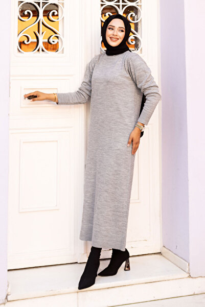 Tesettür Dünyası Crew Neck Knitwear Long Dress Tsd240720 Gray