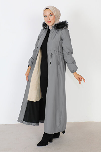 Tesettür Dünyası Full Length Patch Detailed Coat TSD230910 Gray