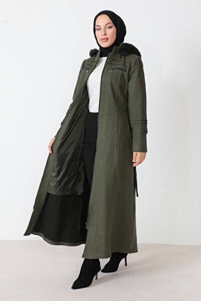 Tesettür Dünyası Kabát na zip po celé délce s ozdobnými kapsami TSD230810 Khaki
