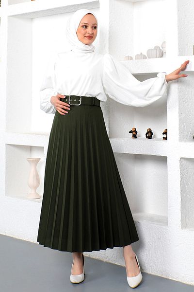 Tesettür Dünyası Belted Pleated Skirt Tsd230113 Khaki