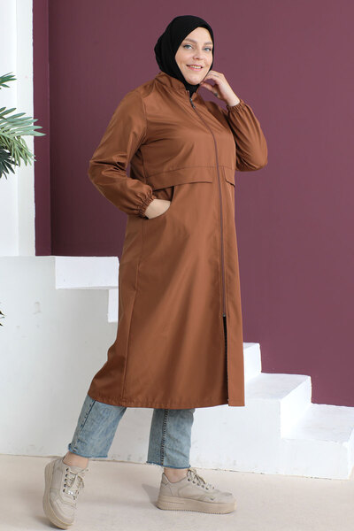 Tesettür Dünyası Velký trenčkot s detailem nášivky Tsd230505 Cinnamon