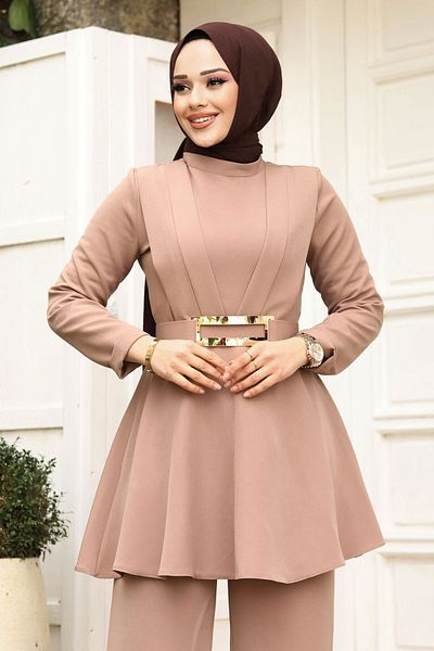 Tesettür Dünyası Drape részletes öves krepp öltöny TSD240248 Mink