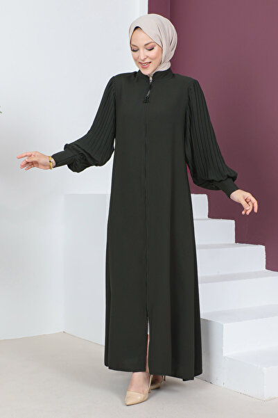 Tesettür Dünyası Detailní záhyb rukávů Abaya TSD230533 Khaki