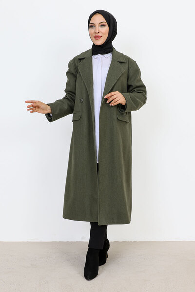 Tesettür Dünyası Double Buttoned Coat with Cover Pockets TSD231109 Khaki