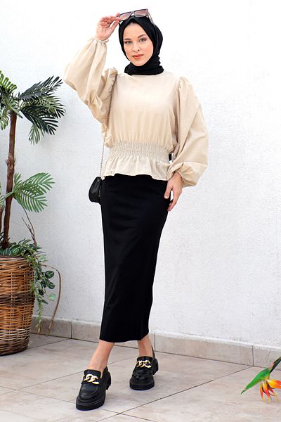 Tesettür Dünyası Waist Waist Elastic Blouse Tsd221203 Beige