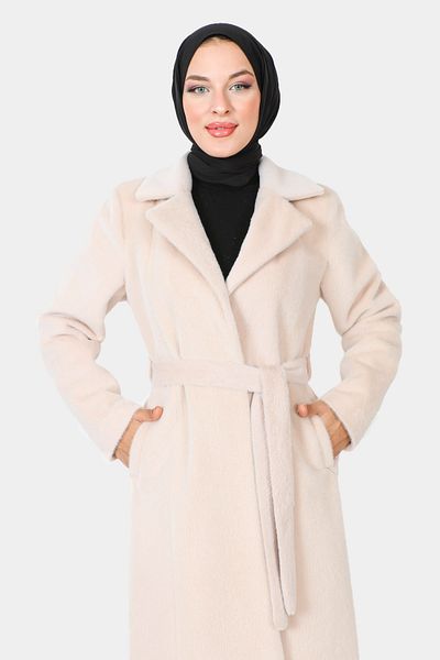Tesettür Dünyası Waist Belted Fox Coat TSD230917 Ecru