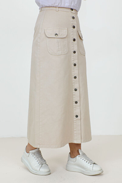 Tesettür Dünyası Τζιν μακριά φούστα με κουμπιά και τσέπες TSD231202 Μπεζ