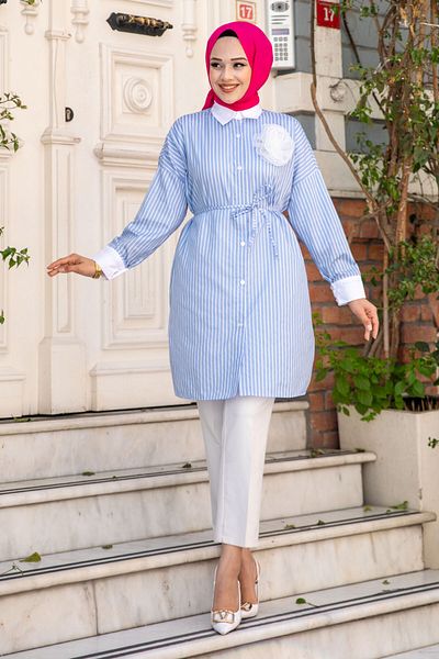 Tesettür Dünyası Blue Striped Brooch Detailed Shirt - TSD240514