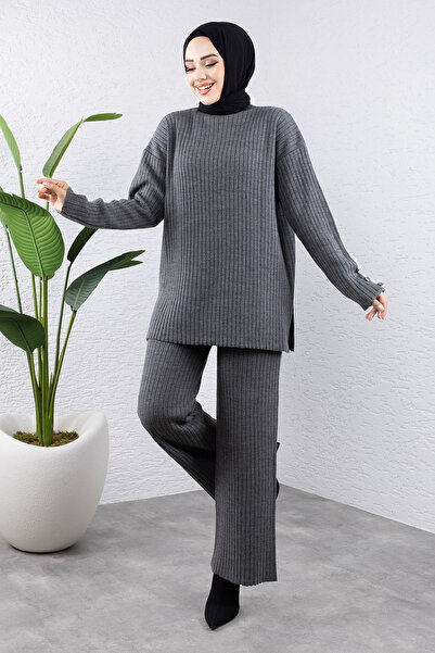Tesettür Dünyası Anthracite Knitwear Set - Tsd with Handle End Button Detail 240947