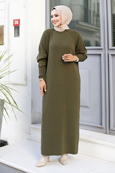 Tesettür Dünyası Reglan Kol Triko Uzun Elbise TSD240725 Yeşil