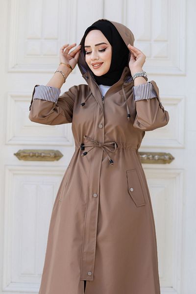 Tesettür Dünyası Καμπαρντίνα Mink Stripe - Μπροστινή επένδυση με κουμπωτά, TSD 240926