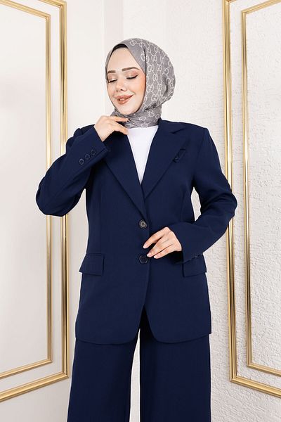 Tesettür Dünyası Σετ μπλέιζερ με τσέπη για μαντήλια TSD250157 Navy Blue