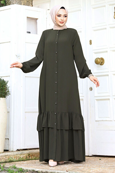 Tesettür Dünyası Buttoned Skirt Frilly Hijab Ferace TSD240243 Khaki