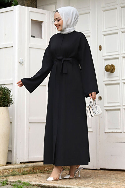 Tesettür Dünyası Pasek w talii z rękawem nietoperzowym Ferace TSD240204 Czarny