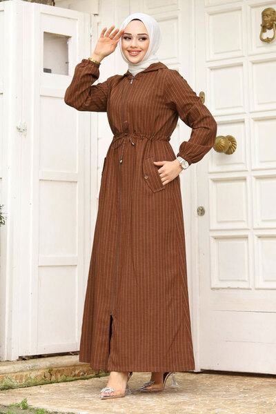 Tesettür Dünyası Καφέ Hijab Ferace με κουκούλα - Κορδόνι, TSD 240239