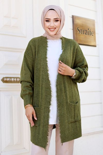 Tesettür Dünyası Khaki Knitwear Cardigan - Tsd with Tassels and Pocket Detail 240805