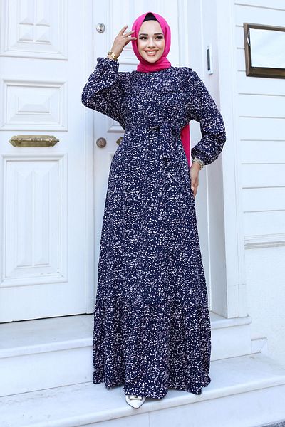 Tesettür Dünyası Φόρεμα Navy Viscose - TSD με λεπτομέρεια βολάν και floral σχέδιο240614