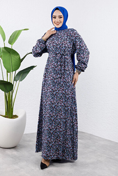 Tesettür Dünyası Πολύχρωμο λουλουδάτο μακρύ μαντίλι φόρεμα από βισκόζη TSD240920 Ναυτικό μπλε