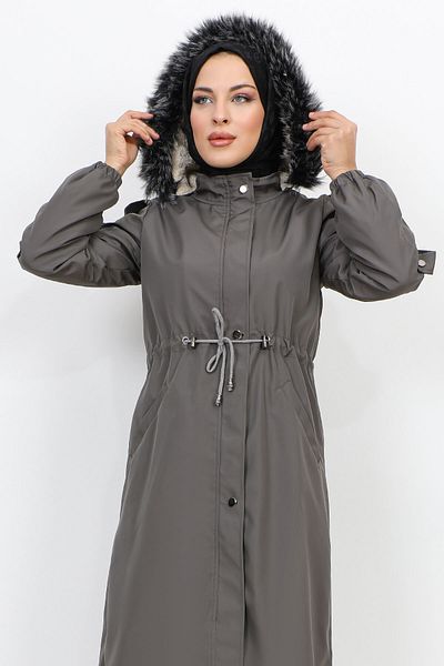 Tesettür Dünyası Căptușeală Plush Intermediar Bondit Coat Tsd231114 Gri