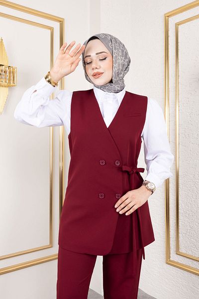 Tesettür Dünyası Belted Waist Vest Suit Tsd250159 Claret Red