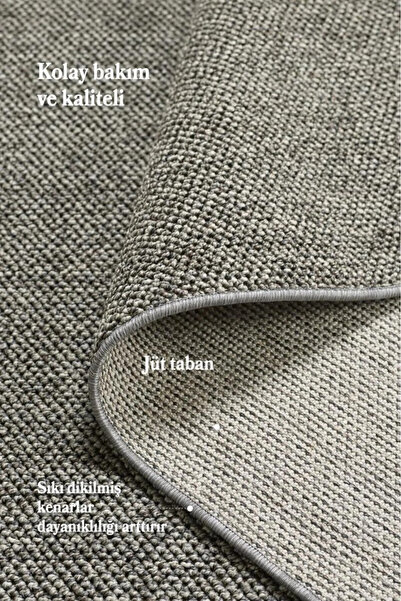 Enva Home Bukle Kilim Düz Yumuşak Sisal Jüt Taban %100 Polipropilen Tozumaz Oda Koridor Halısı Gri Renk