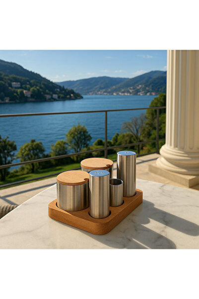 Veliday 5 Bölmeli Ahşap Peçetelik Kürdanlık Tuzluk Baharatlık Seti Lokanta Re...