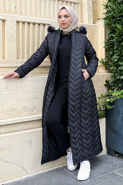 Tesettür Dünyası Quilted Coat with Rubber Belt Tsd220827 Black