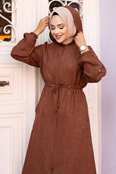 Tesettür Dünyası TSD240701 Μοντέλο Καφέ Πόρτα μέσης με κουκούλα και σχοινί