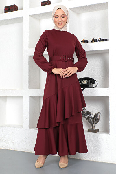 Tesettür Dünyası Μακρύ μονόχρωμο φόρεμα με βολάν Tsd230401 Plum