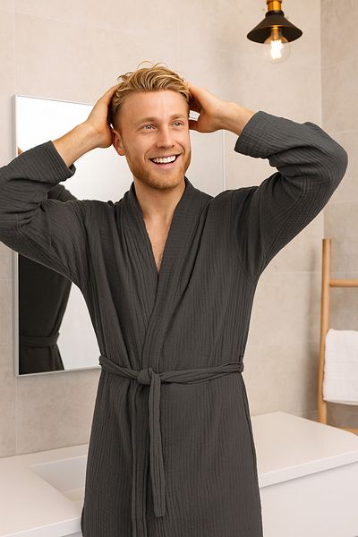 Lucy and Home Unisex Anthracite φόρεμα μουσελίνας 4 στρώσεων / μπουρνούζι / κιμονό