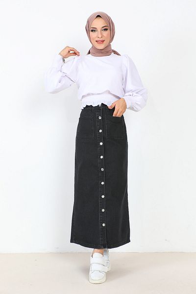 Tesettür Dünyası Front Buttoned Denim Skirt TSD231007 Anthracite