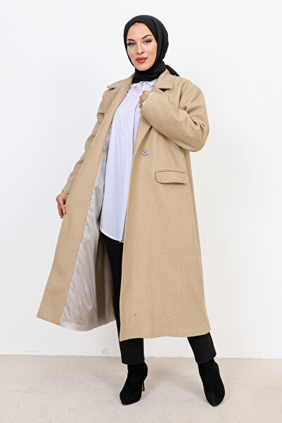 Tesettür Dünyası Double Buttoned Coat with Cover Pockets TSD231109 Beige