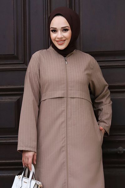 Tesettür Dünyası Pat Detailed Zippered Ferace TSD240212 Mink