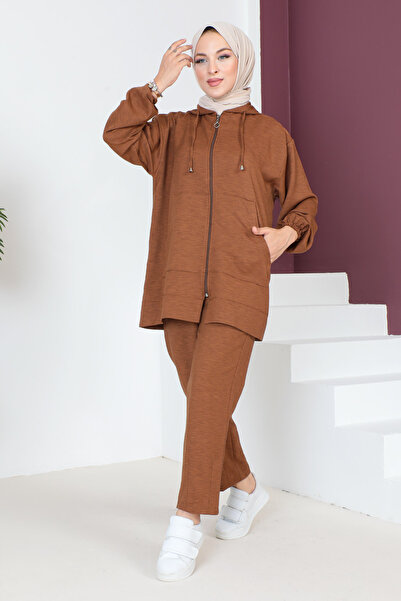 Tesettür Dünyası Διπλή φόρμα με κουκούλα TSD230703 Καφέ