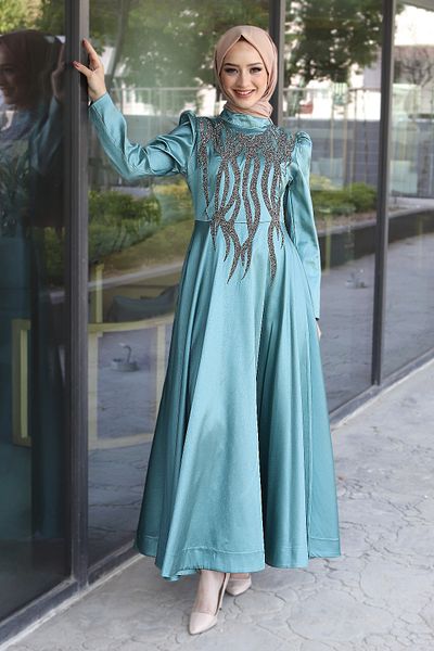 Tesettür Dünyası Вечірня сукня Onu з паєтками Tsd220544 Mint Green
