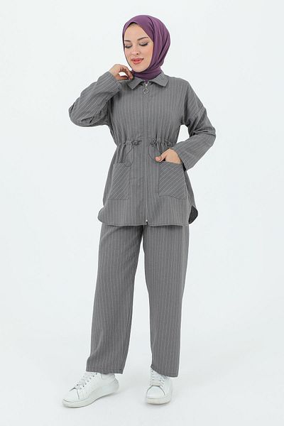 Tesettür Dünyası Melisa Waist Gathered Zipper Suit TSD231208 Gray
