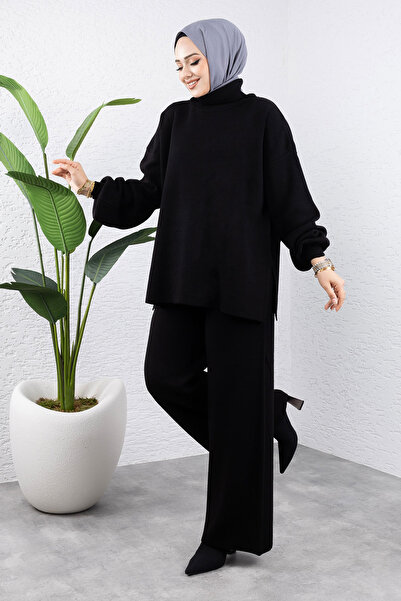 Tesettür Dünyası Black Balloon Sleeve Knitwear Set - Tsd 240952