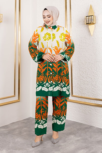 Tesettür Dünyası Σετ Πράσινη Βισκόζη - Πολύχρωμο Μοτίβο Λουλουδιών TSD250111