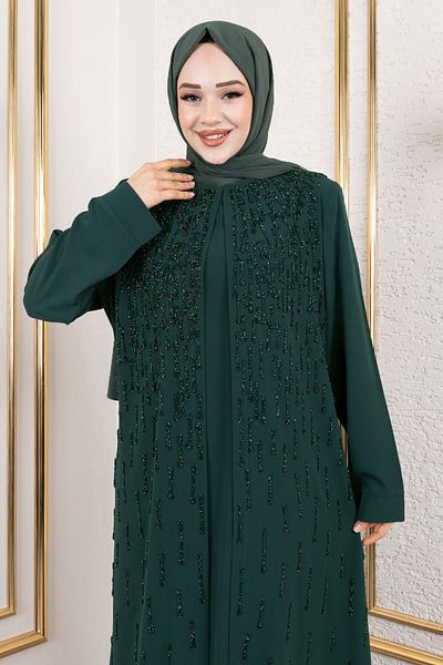 Tesettür Dünyası Φόρεμα με λεπτομέρεια από πέτρα TSD250130 Emerald Green