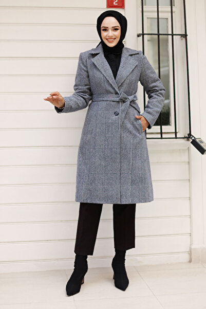 Tesettür Dünyası Синій пальто з двома ґудзиками та поясом на талії - TSD240928